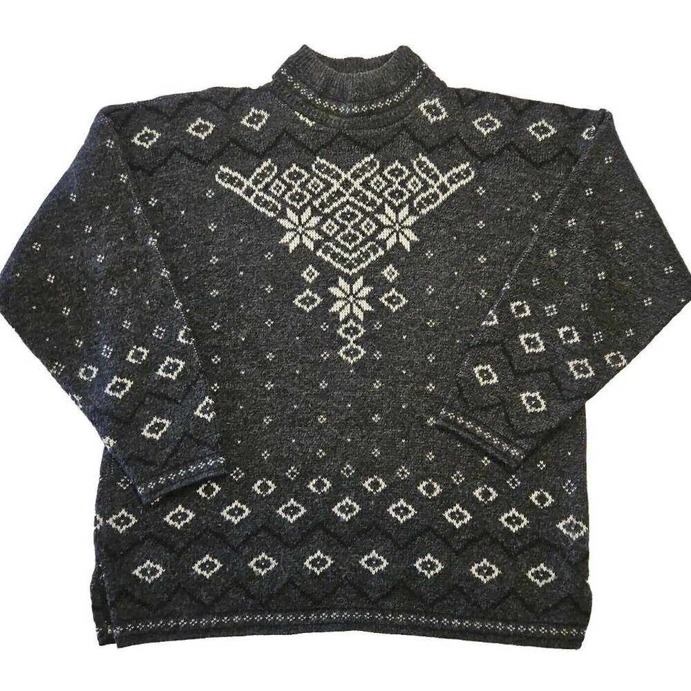 Vtg Ski Sweater Mens Sz M Gray Fair Isle Snowflake Spunky Acrylic Mock Neck USA